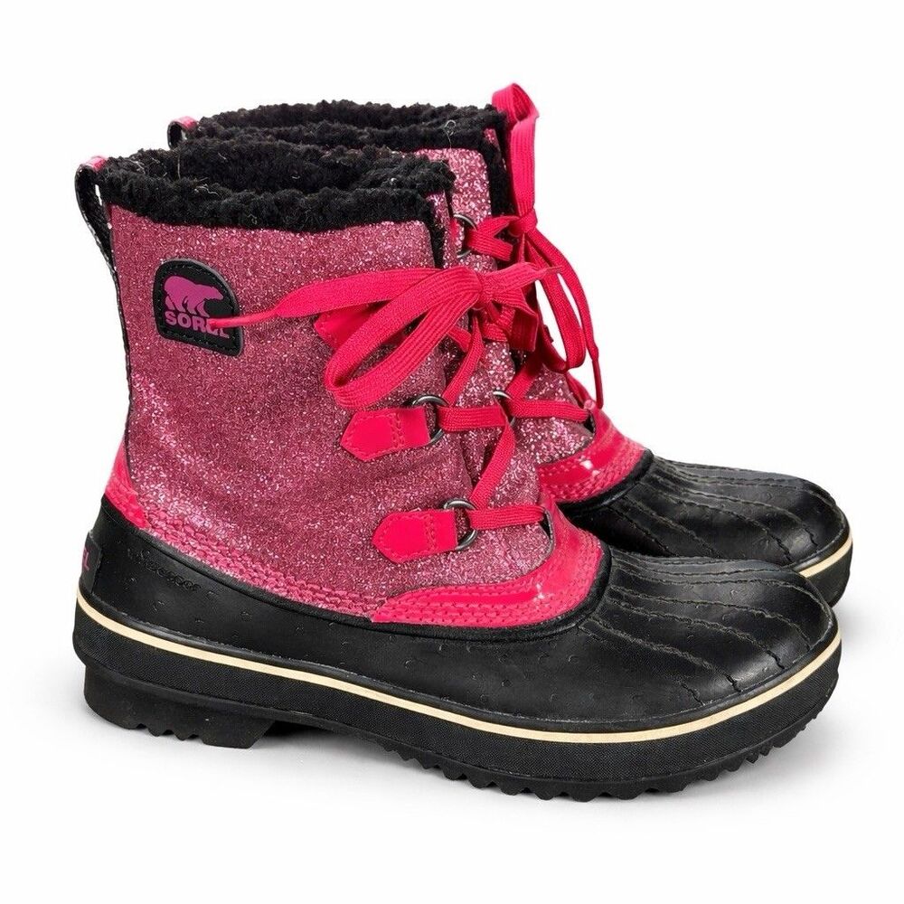 Sorel Tivoli Glitter Winter Duck Boots Pink Faux Fur Youth Girls Size 5 Womens 6
